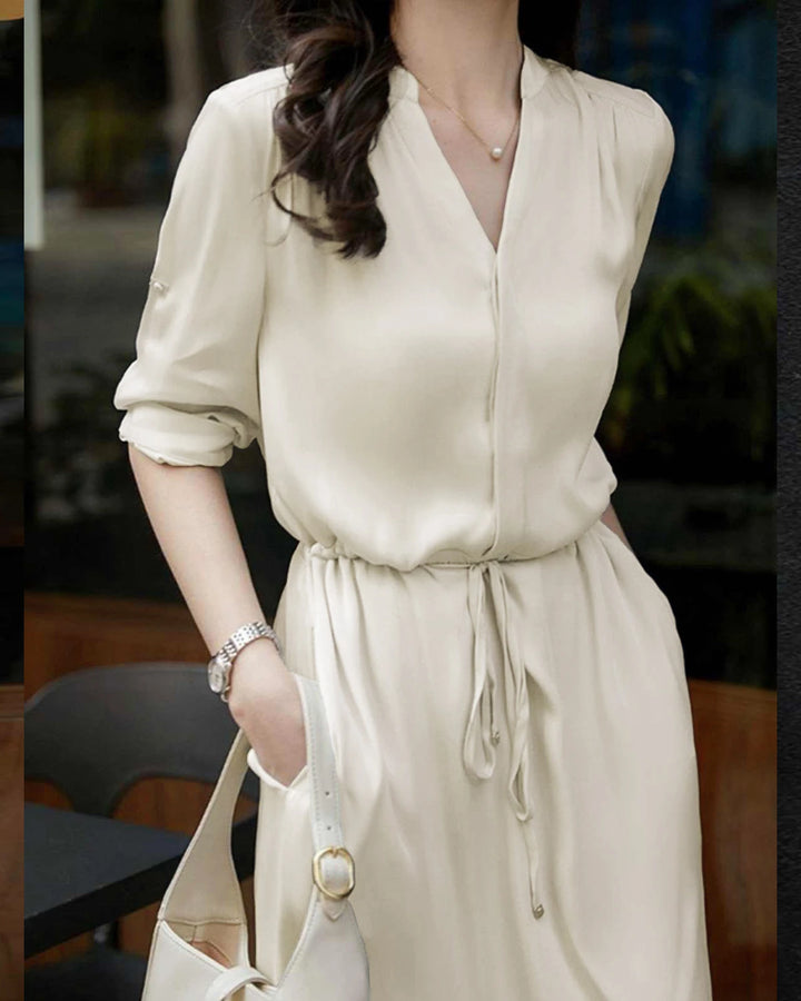 Silk Shirt Dress with Drawstring Waist, Cream