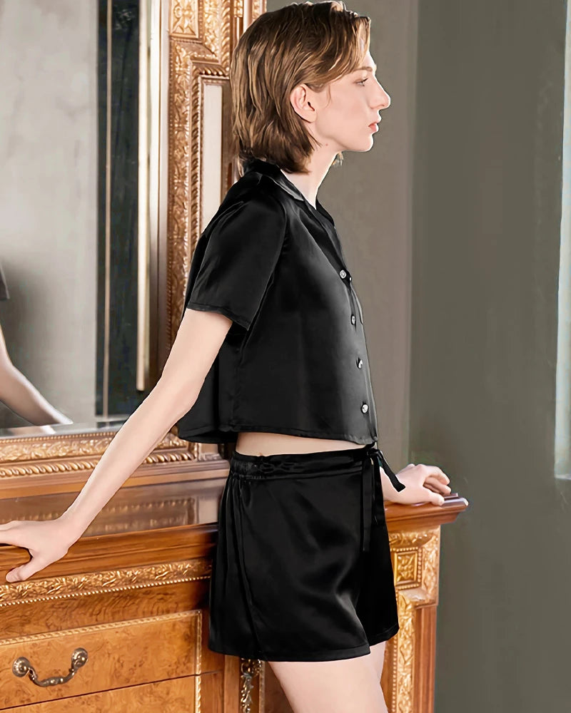 Cute Washable Silk Short Pajama Set, Black