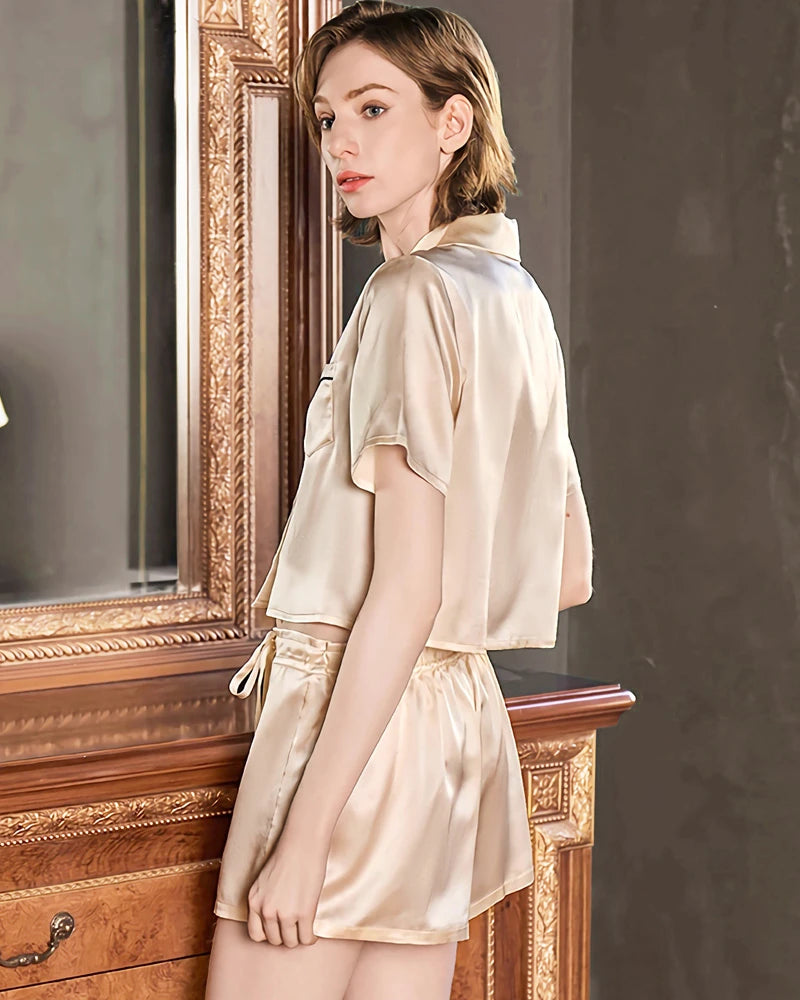 Cute Washable Silk Short Pajama Set, Champagne