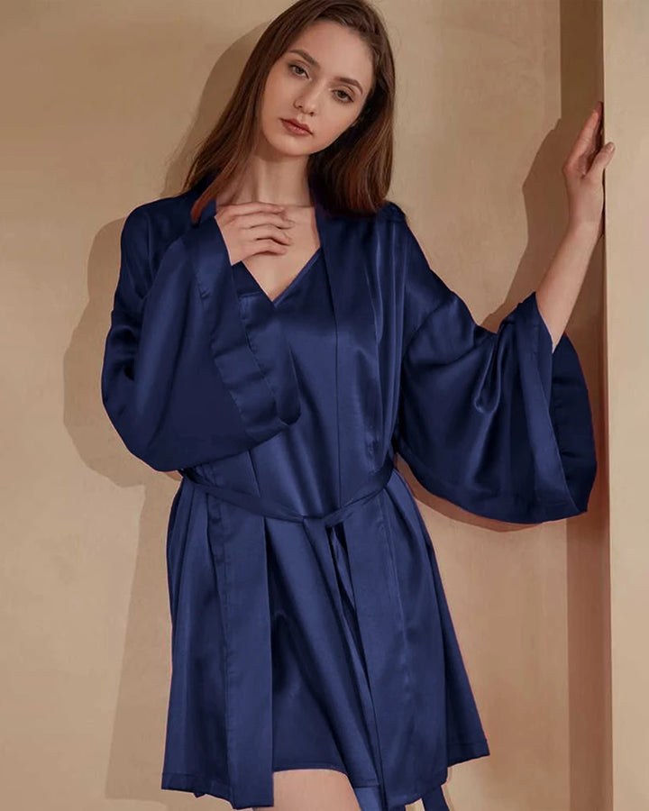 Washable Silk Short Robe for Women, Navy