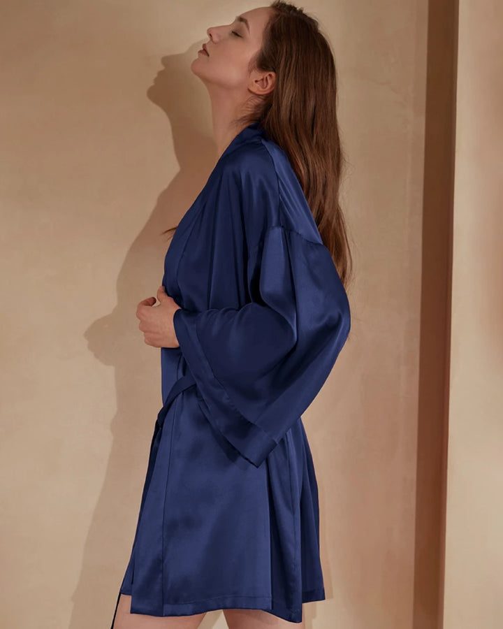 Washable Silk Short Robe for Women, Navy