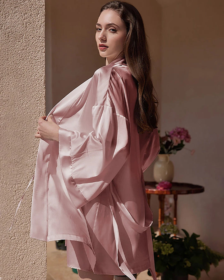 Washable Silk Short Robe for Women, Pink