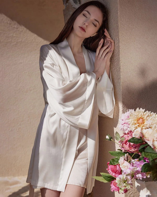 Washable Silk Short Robe for Women, White