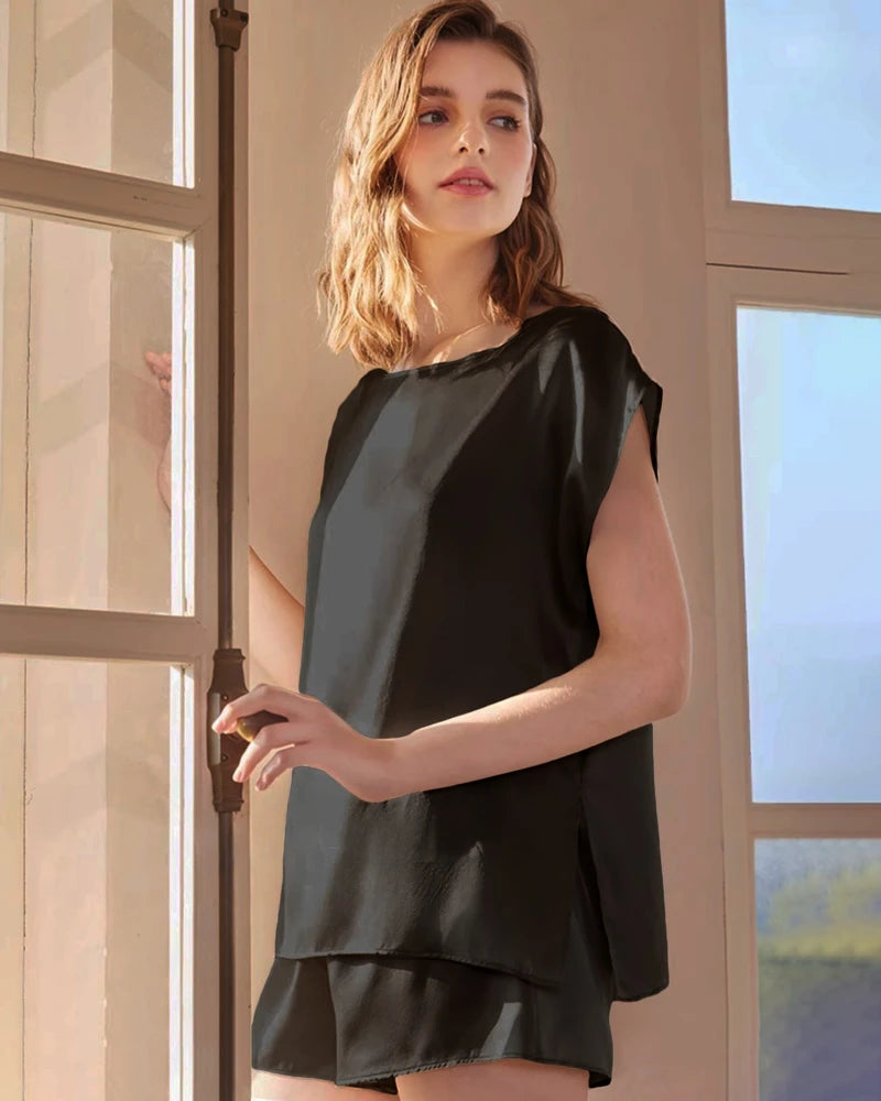 Washable Silk Short Sleeve Pajama Set, Black