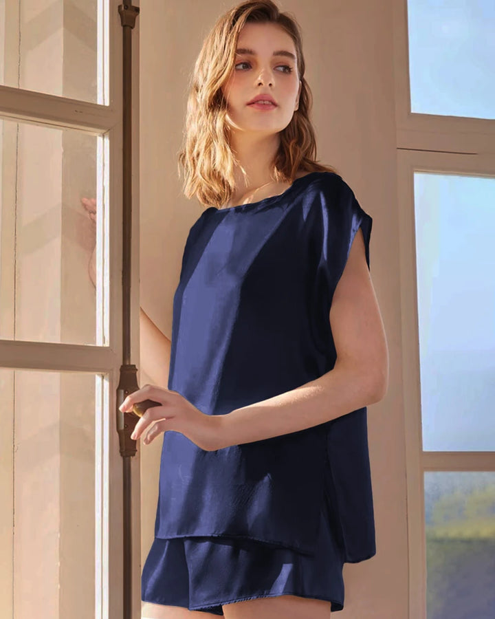 Washable Silk Short Sleeve Pajama Set, Navy