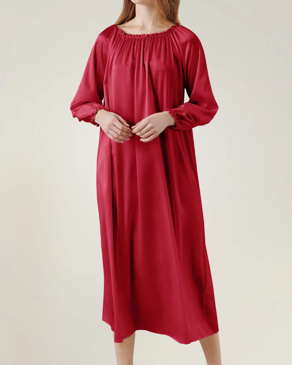 Silk Long Sleeve Nightgown with Ruched Detail