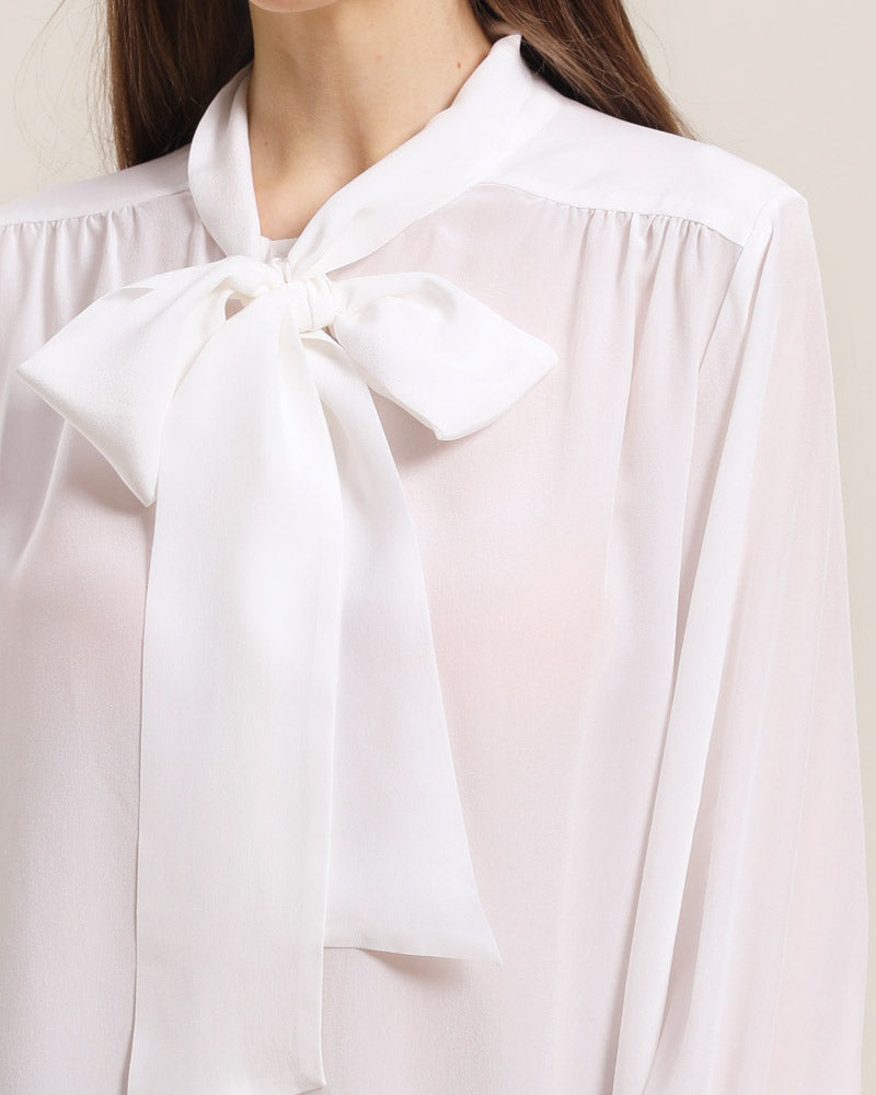 Bow Tie Ruched Silk Blouse, White