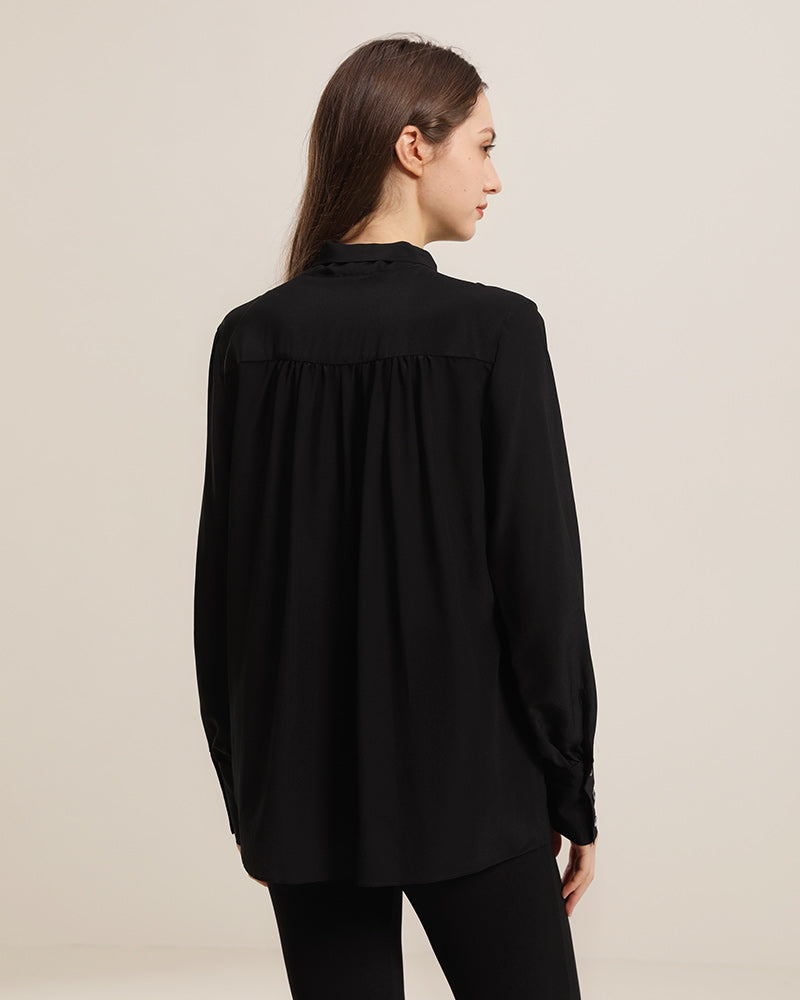 Bow Tie Ruched Silk Blouse, Black