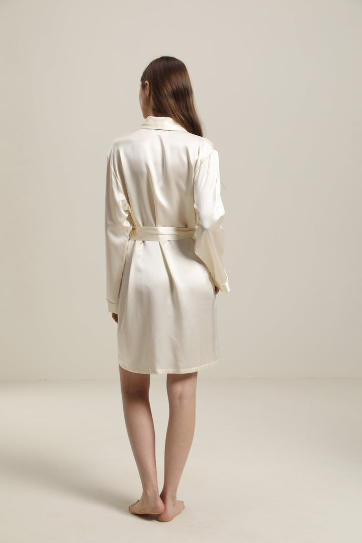  Classic Mid Length Silk Robe For Women, Cream