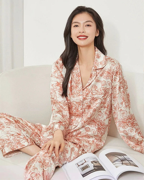 Floral Print Long Sleeve Silk Pajama Set