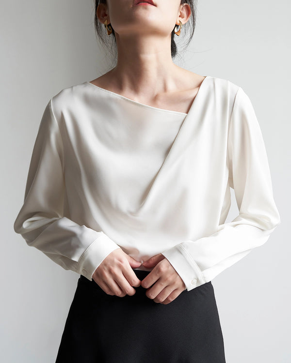 Women's Asymmetrical Neck Silk Blouse, White
