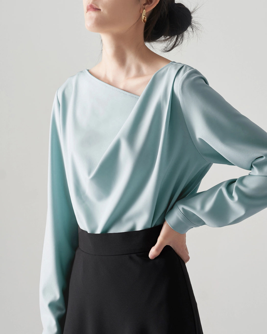 Women's Asymmetrical Neck Silk Blouse, Light Blue