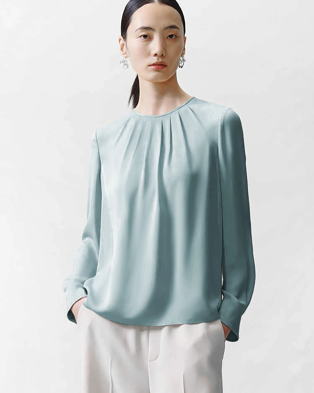 Crew Neck Pleated Silk Blouse, Haze Blue