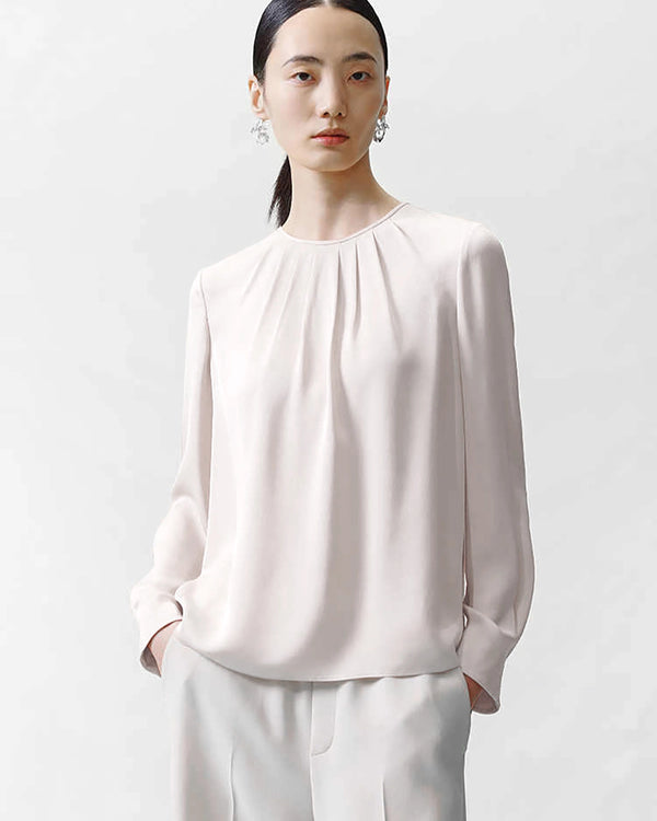 Crew Neck Pleated Silk Blouse, White