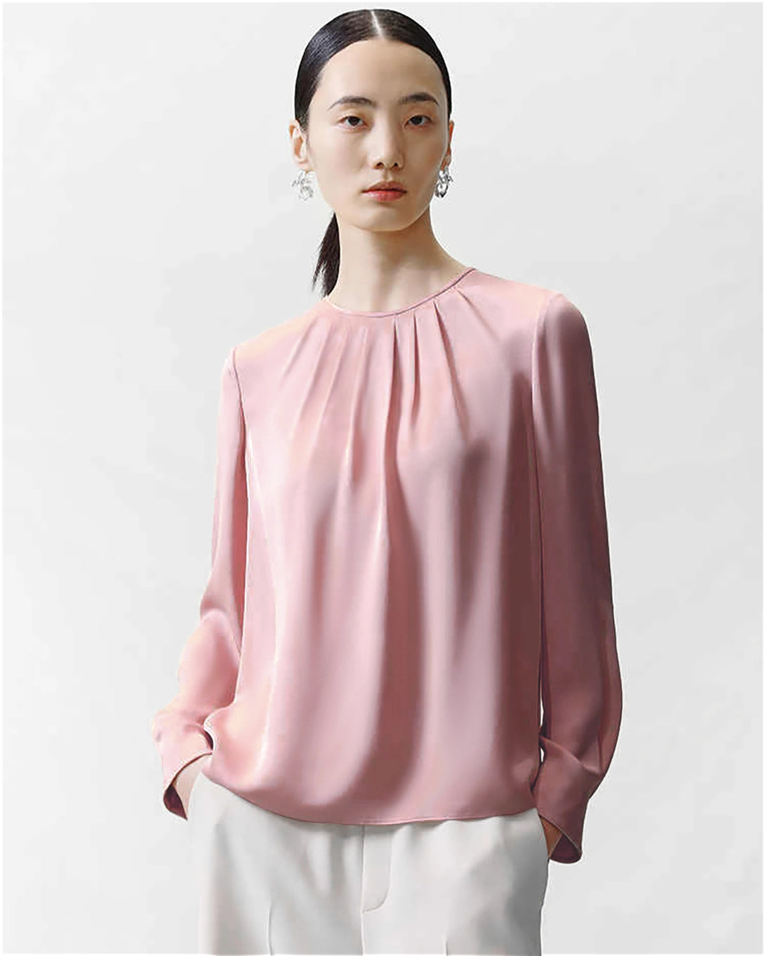 Crew Neck Pleated Silk Blouse, Pink