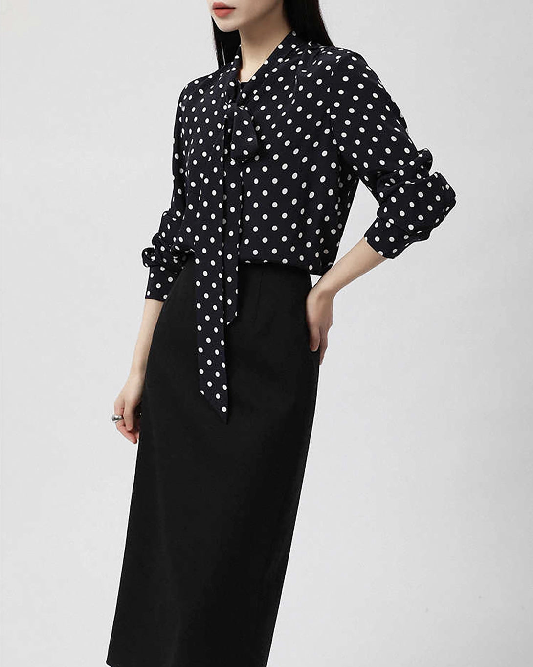 Polka Dot Bow Silk Shirt, Black And White