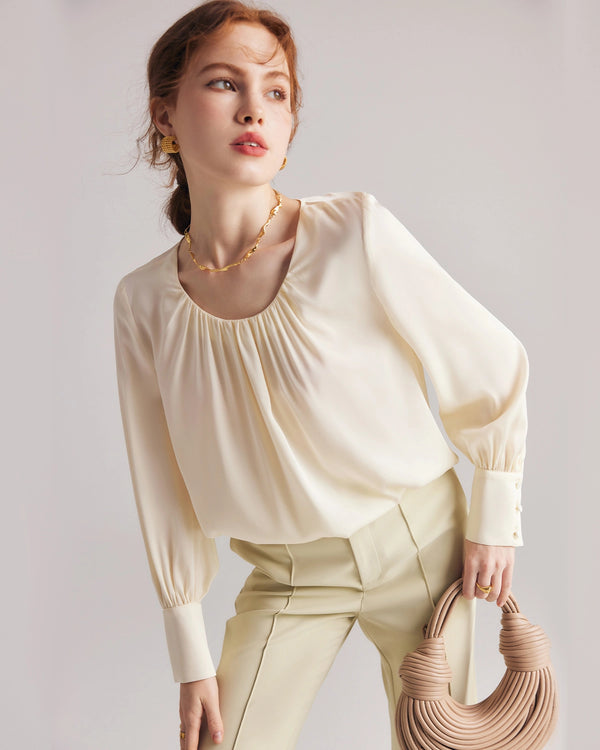 Pleated Round Neck Silk Blouse, Cream