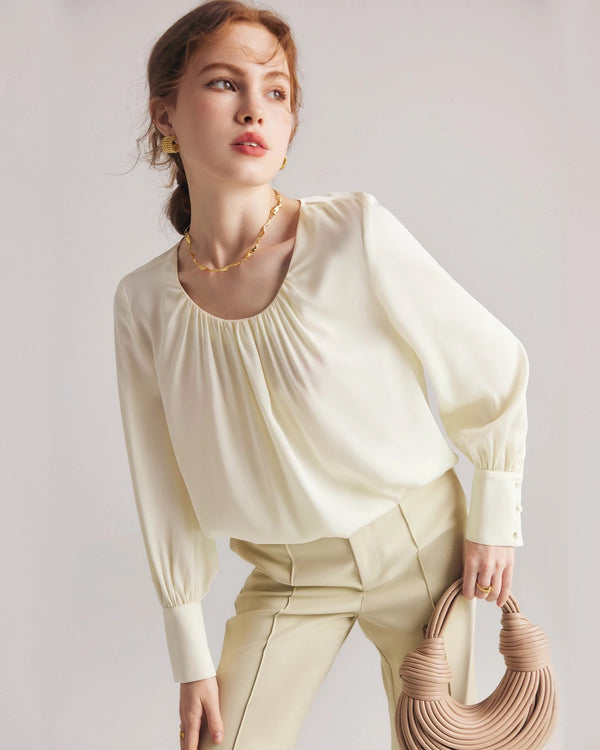 Pleated Round Neck Silk Blouse, Cream