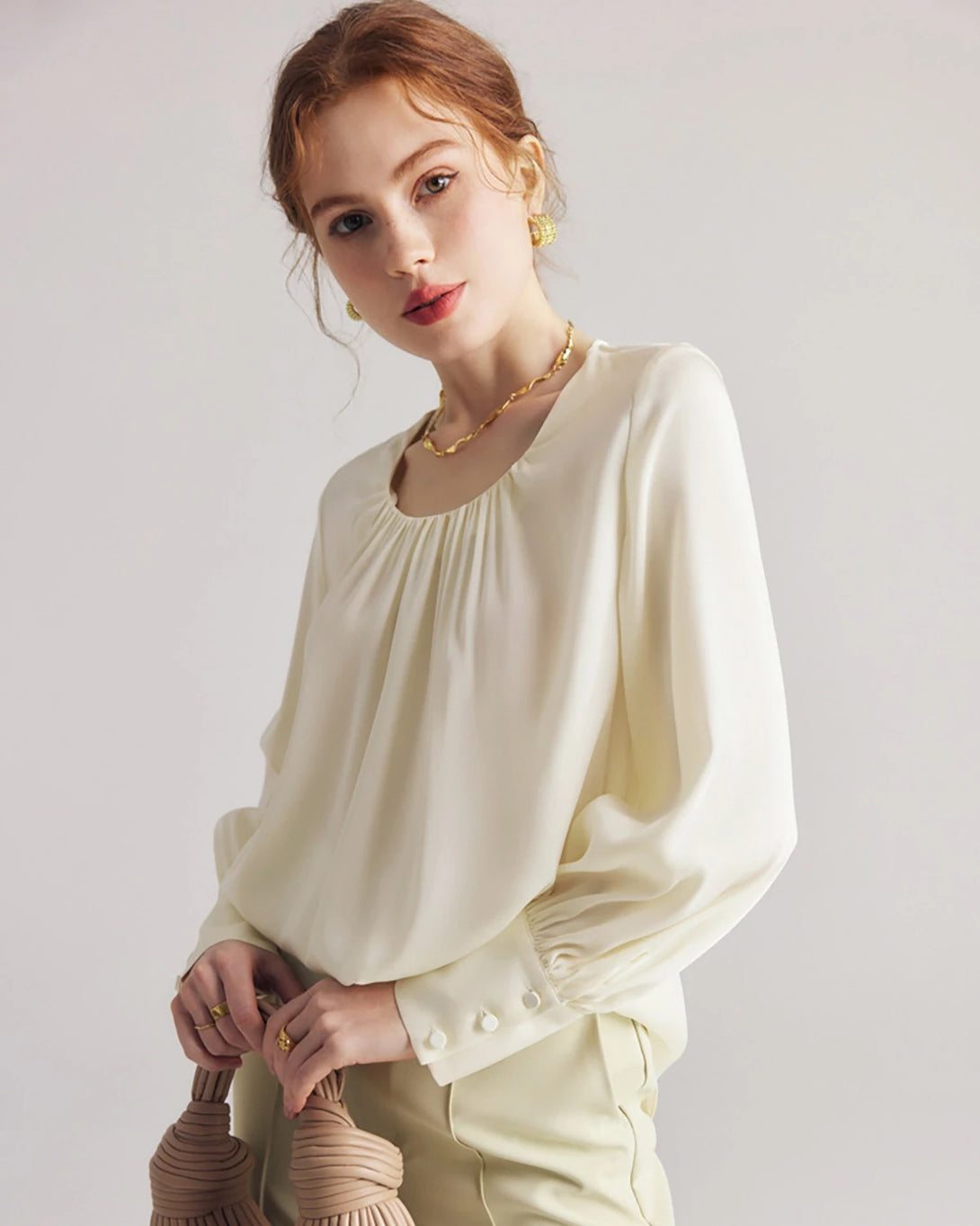 Pleated Round Neck Silk Blouse, Cream