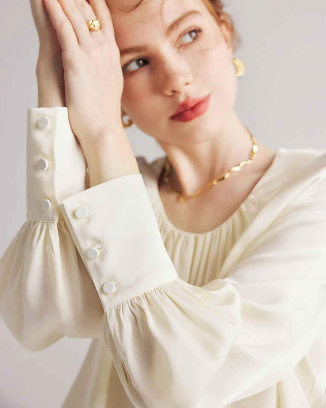 Pleated Round Neck Silk Blouse, Cream