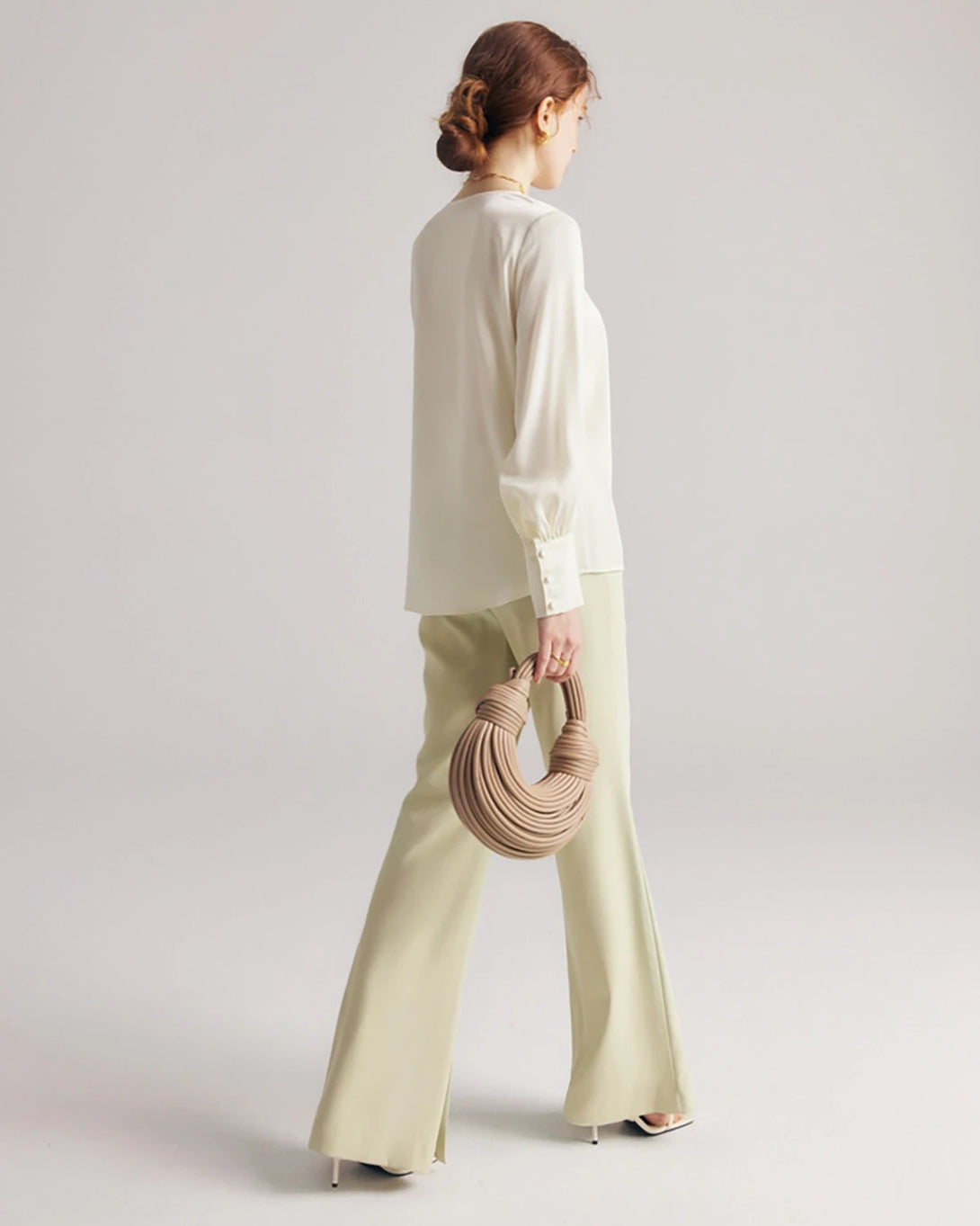 Pleated Round Neck Silk Blouse, Cream