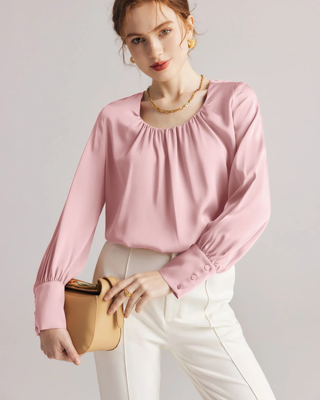 Pleated Round Neck Silk Blouse, Pink