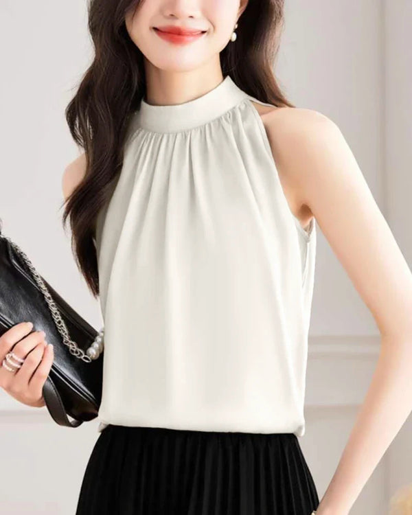 Mock Neck Sleeveless Silk Blouse, Cream