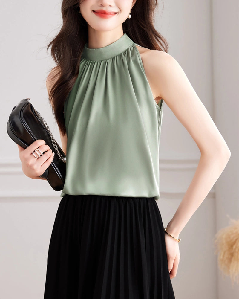 Mock Neck Sleeveless Silk Blouse, Green