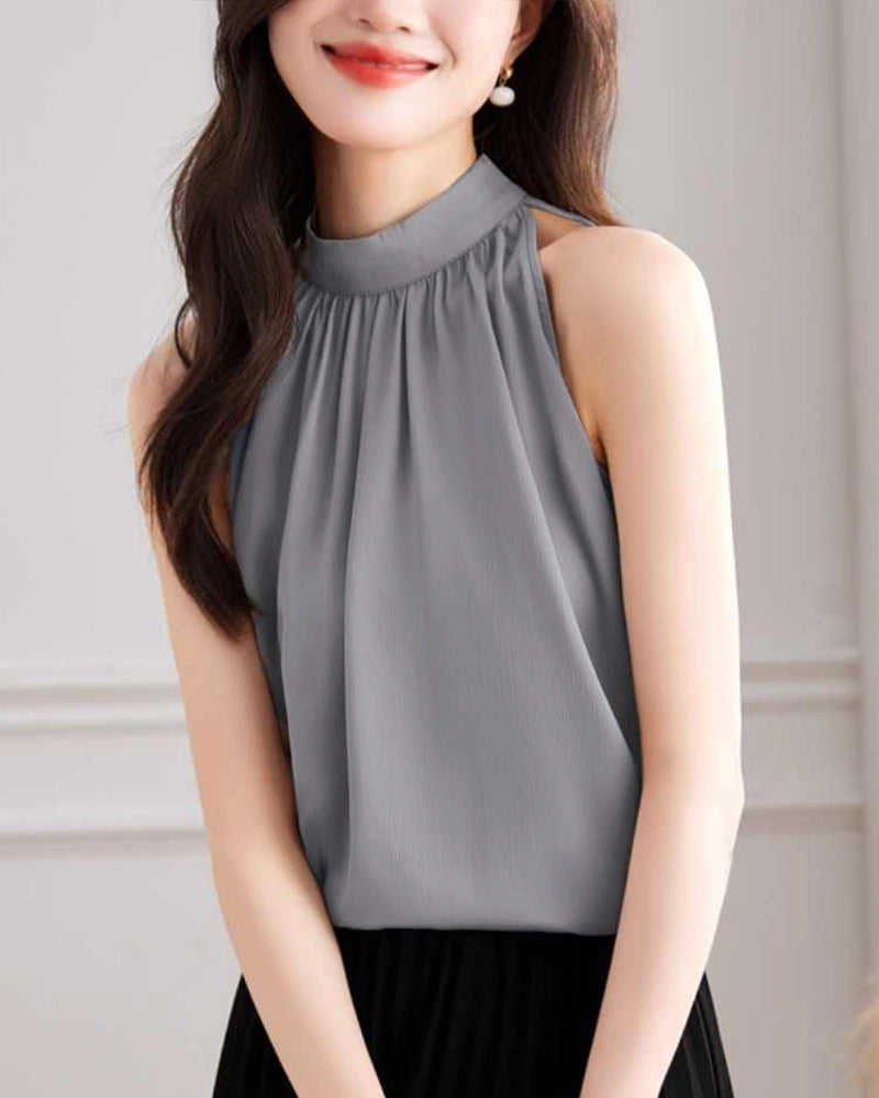 Mock Neck Sleeveless Silk Blouse, Grey
