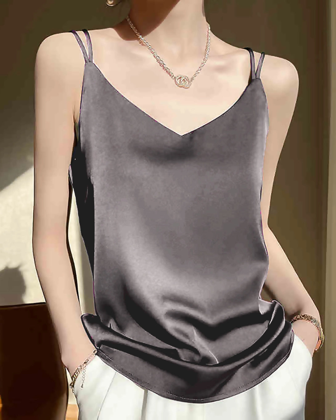Spaghetti Strap Cross Back Silk Camisole, Dark Grey