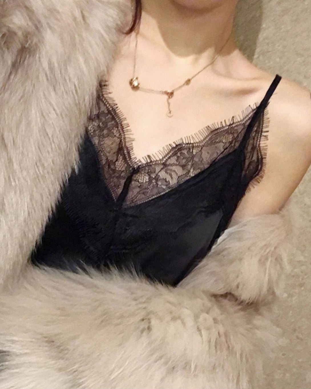 V-Neck Lace Silk Camisole, Black