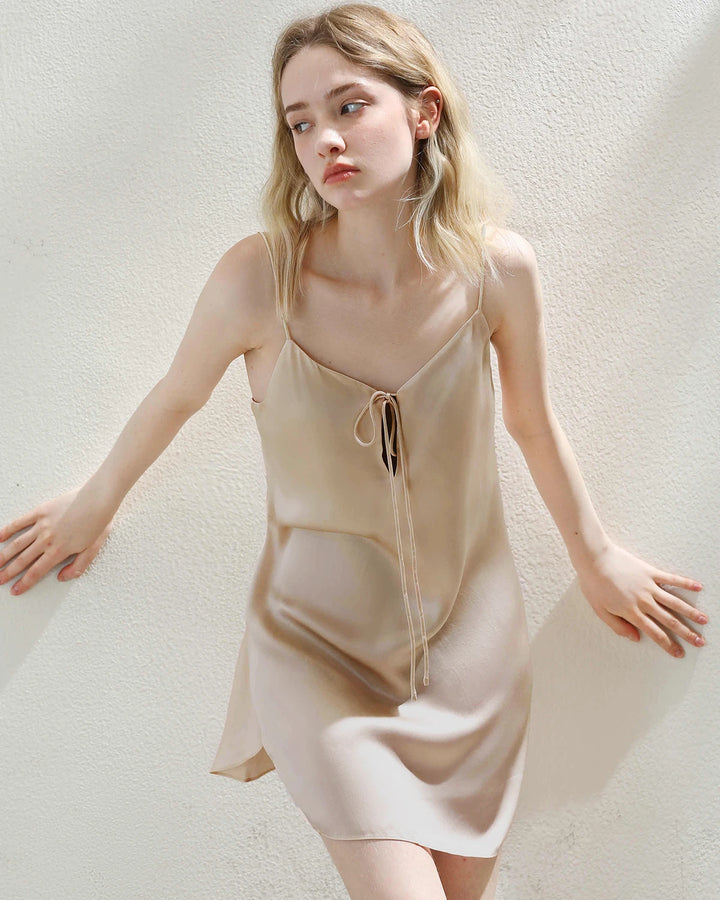 Elegant Short Silk Slip Nightdress, Champagne