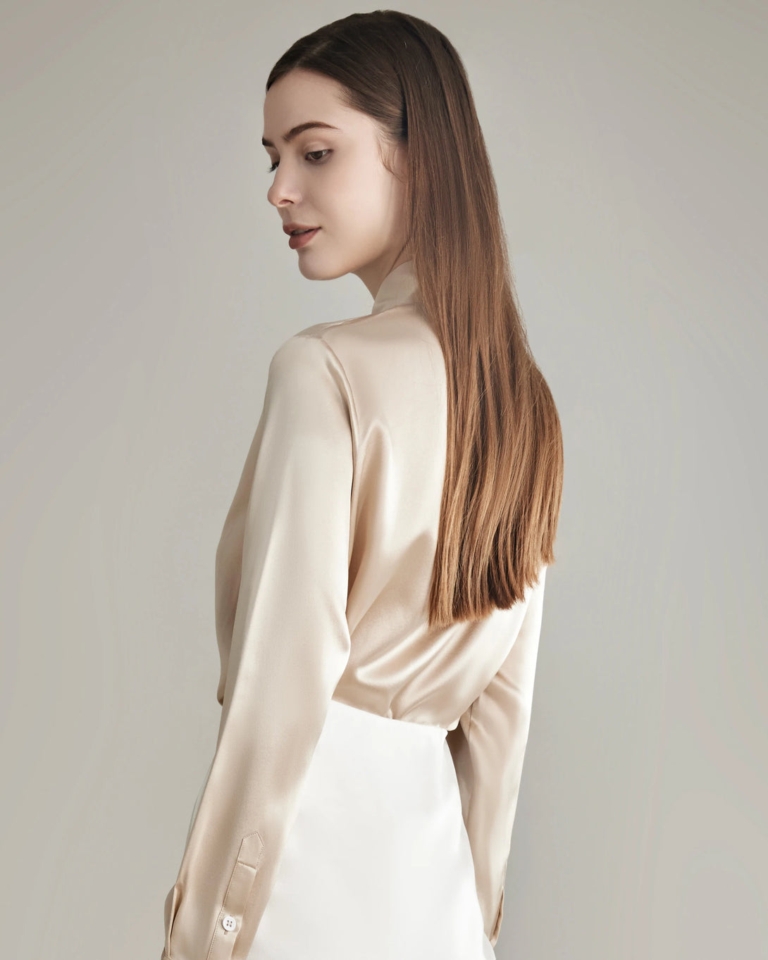 Elegant Silk Bow Tie Blouse Champagne