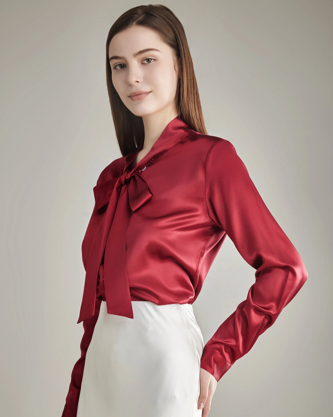Elegant Silk Bow Tie Blouse Red