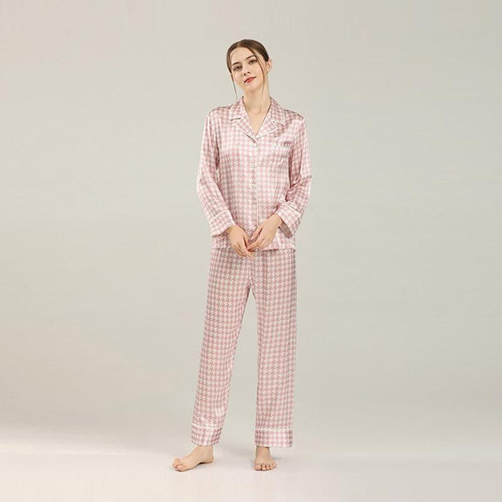 Houndstooth Print Silk Pajama Set, Pink and White