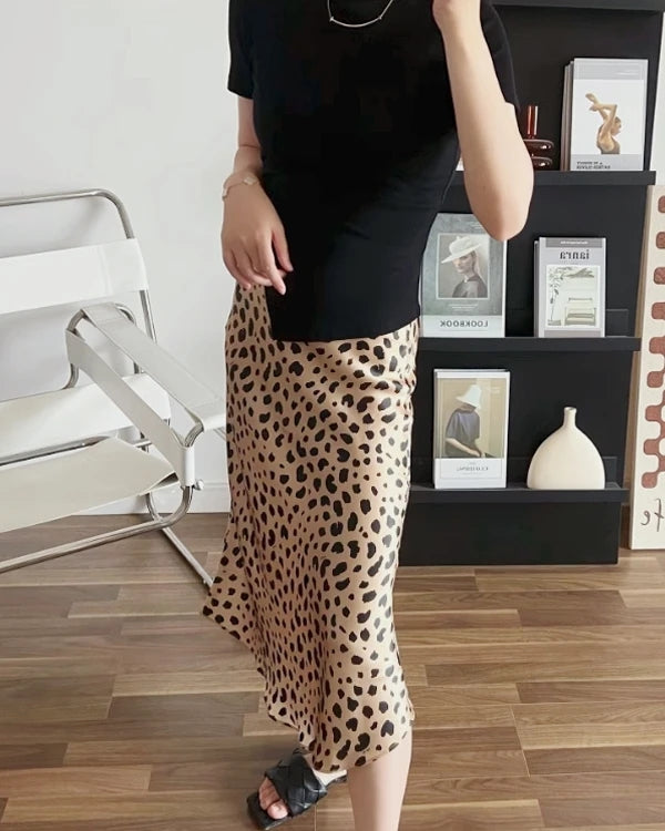 Leopard Print 100% Silk Midi Skirts, Gold