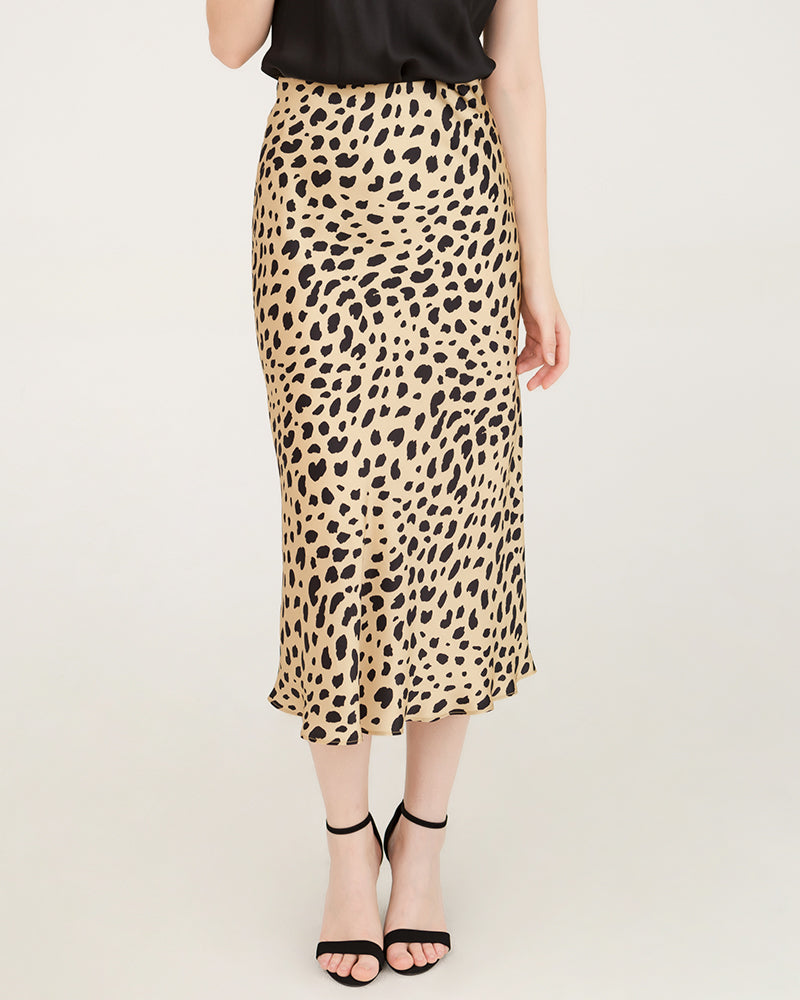 Leopard Print 100% Silk Midi Skirts, Gold