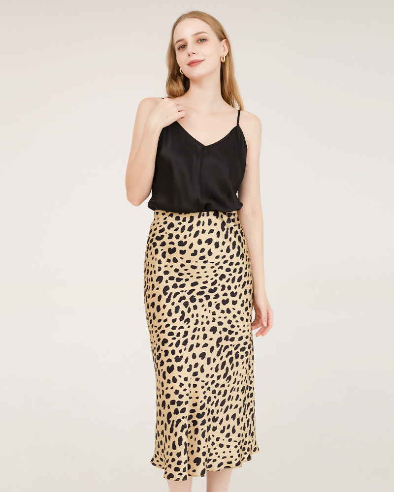 Leopard Print 100% Silk Midi Skirts, Gold