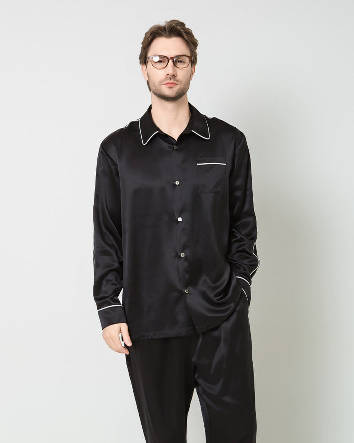 Men's Silk Contrast Piping Pajamas, Black