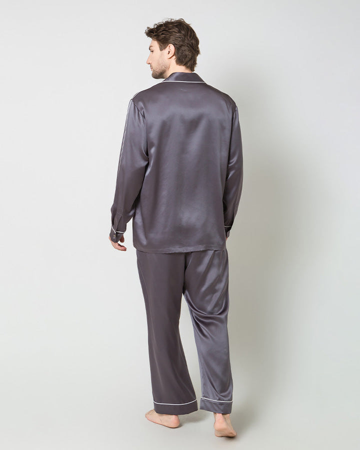 Men's Silk Contrast Piping Pajamas, Grey