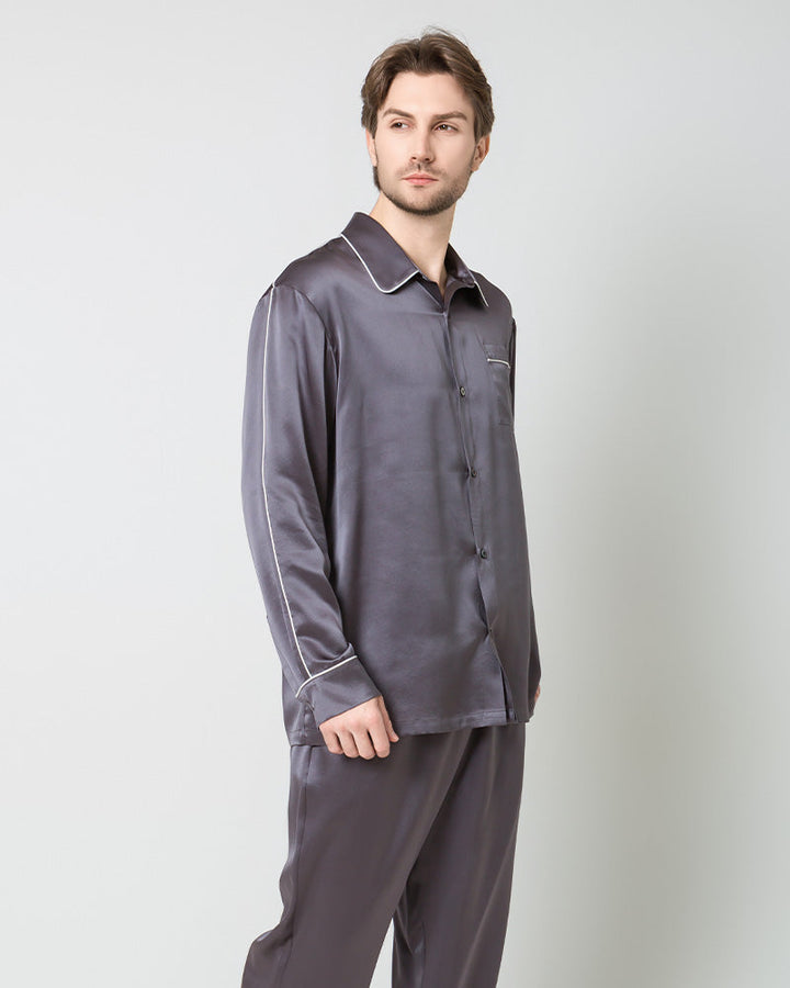 Men's Silk Contrast Piping Pajamas, Grey