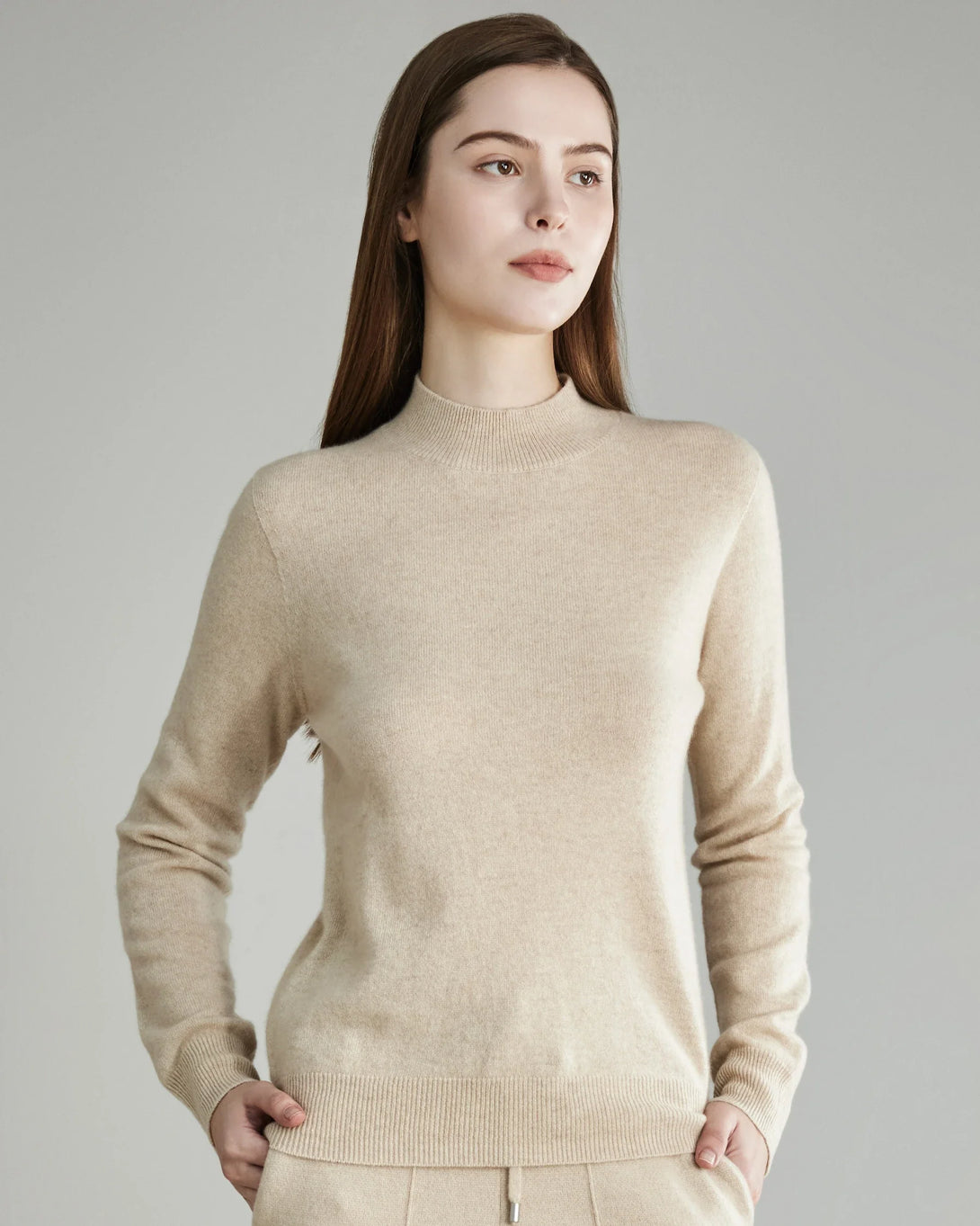 Mock Neck Cashmere Sweater, Beige