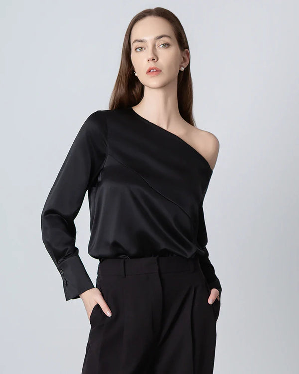 One Shoulder Long Sleeve Silk Blouse