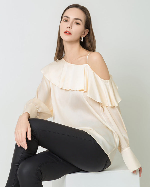 One Shoulder Ruffle Long Sleeves Silk Shirt