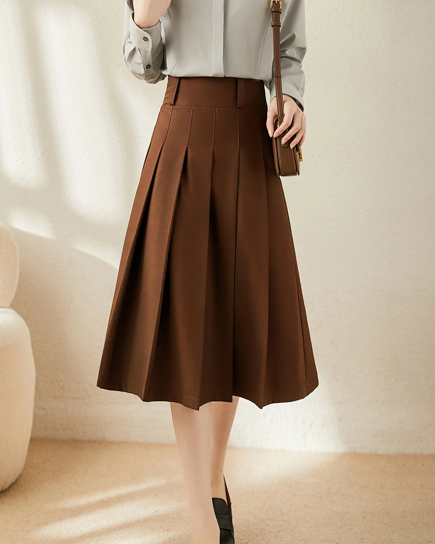 正規品 andmary Miu pleats skirt /brown M DaisySilk Pleated Skirt A Line Midi Wool High Waist Brown