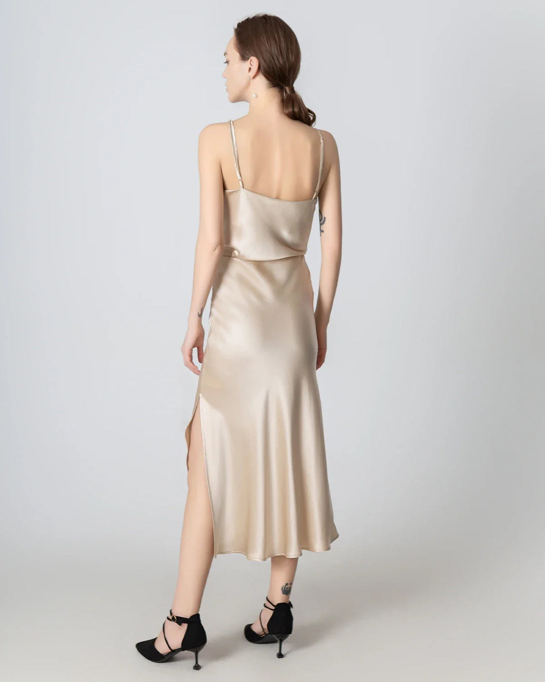Round Neck Silk Camisole and Silk Midi Skirt Set, Champagne