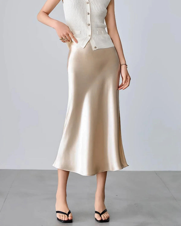 Round Neck Silk Camisole and Silk Midi Skirt Set