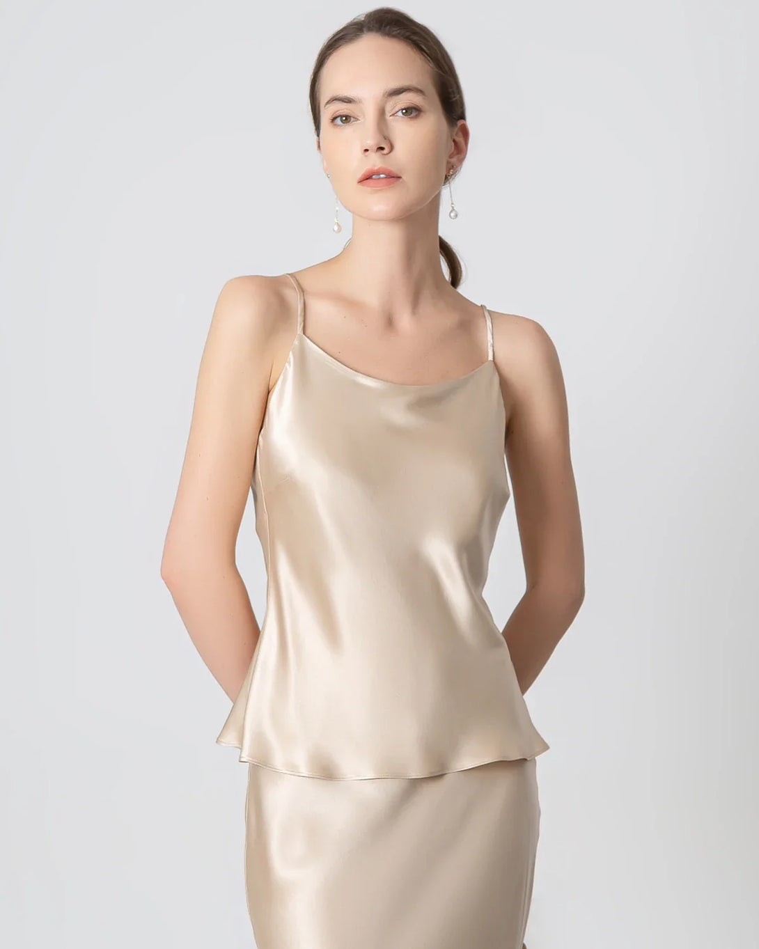 Round Neck Silk Camisole and Silk Midi Skirt Set, Champagne
