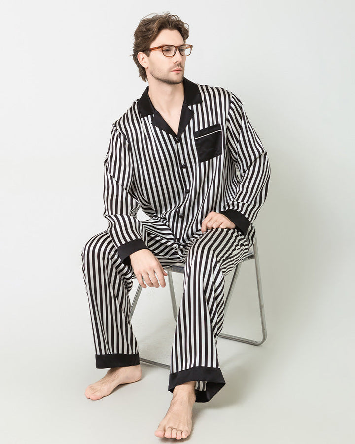Silk Men's Striped Pajamas Set, Black And White