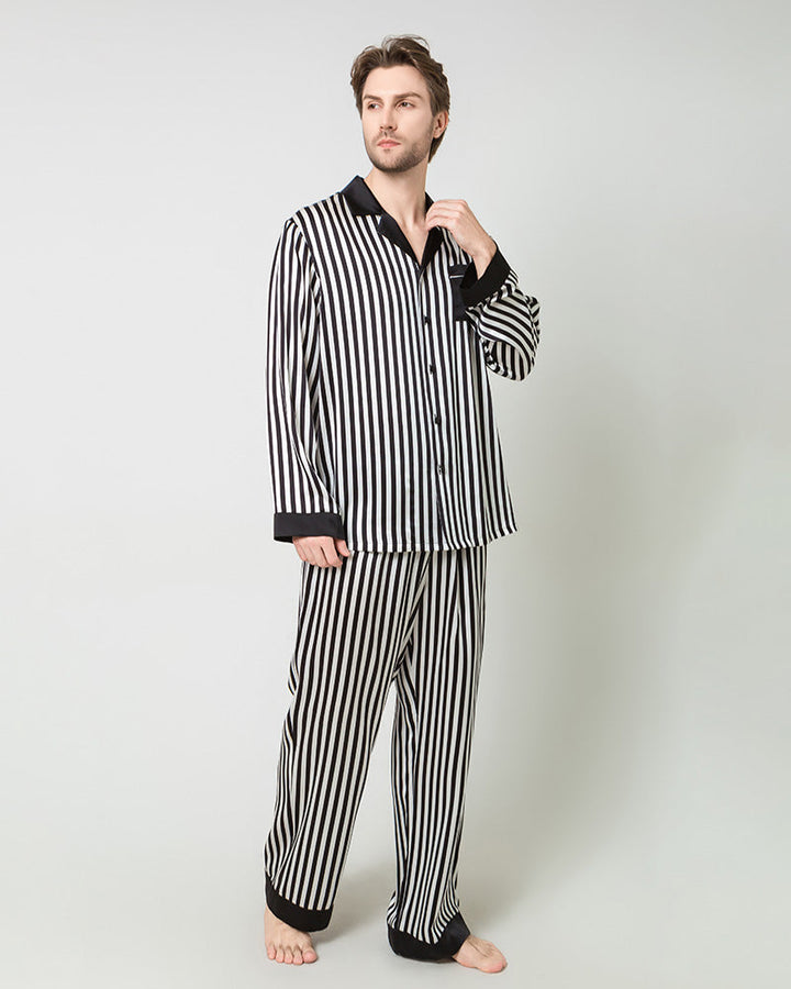Silk Men's Striped Pajamas Set, Black And White